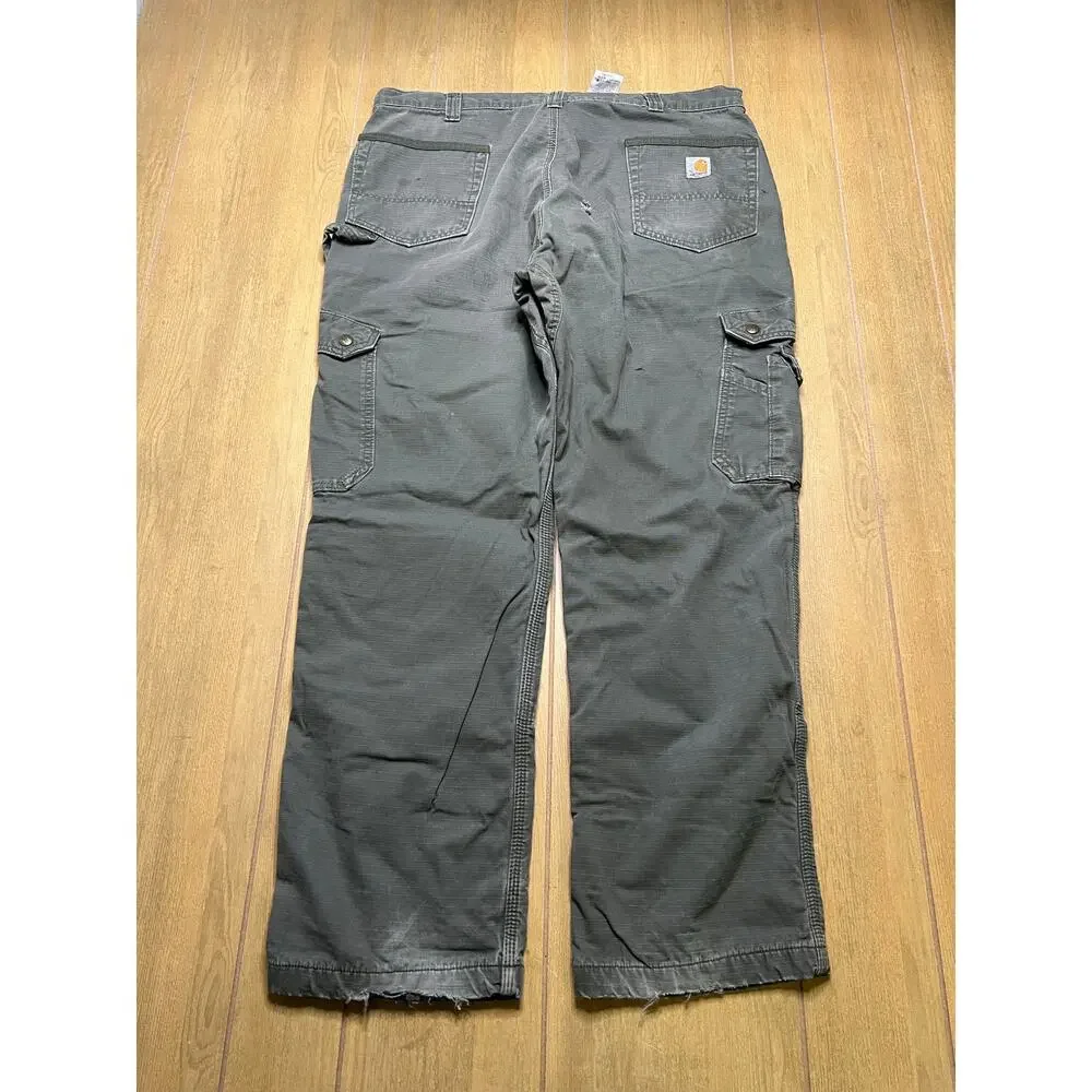 Vintage Carhartt Green Ripstop‎ Cargo Double Knee flannel-lined Actual Sz 38x30